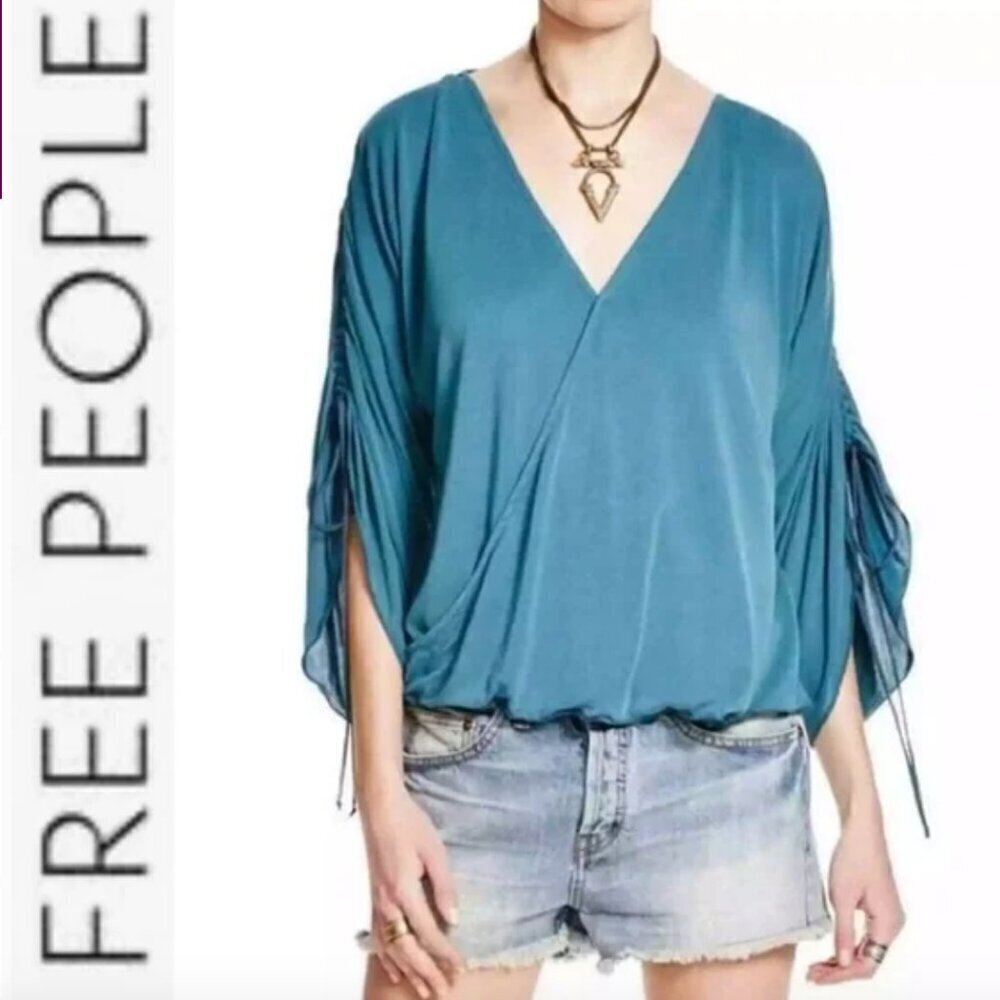 Free People Salt N Peppa Top Blouse Shirt Strappy Ruched Sleeve in Jade Green XS
